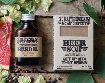 Natural Beard Care Kit // Beer Soap & Hops Flower Beard Oil //  Handmade, Vegan, Palm Free // Gifts for Men