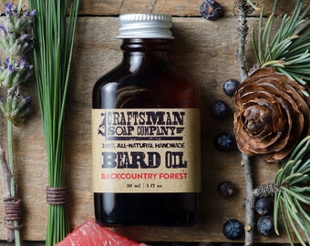 Beard Oil, Backcountry Forest. One Ounce Flask Bottle. 100% All-Natural Handmade.