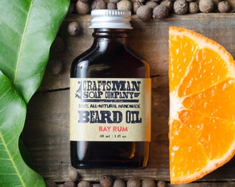 Beard Oil, Bay Rum. One Ounce Flask Bottle. 100% All-Natural Handmade.