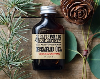 Cedarwood & Eucalyptus Beard Oil. One Ounce Flask Bottle. 100% All-Natural Handmade.