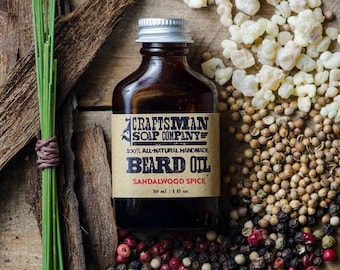 Beard Oil, Sandalwood Spice. One Ounce Flask Bottle. 100% All-Natural Handmade.