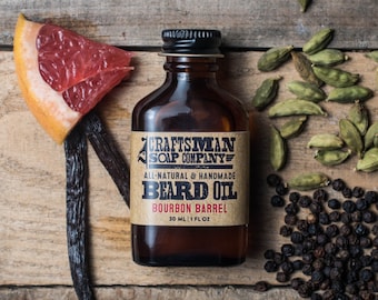 Beard Oil, Bourbon Barrel. Oak Scented Oil in One Ounce Flask Bottle. 100% All-Natural Handmade.