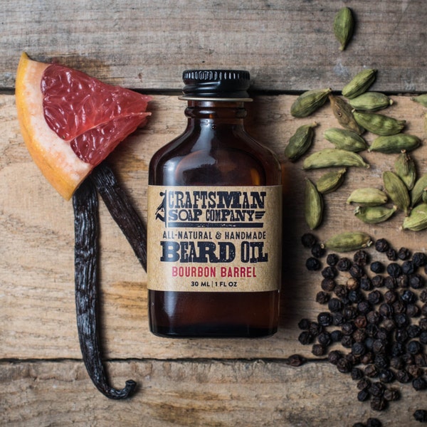 Beard Oil, Bourbon Barrel. Oak Scented Oil in One Ounce Flask Bottle. 100% All-Natural Handmade.