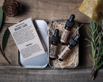 Natuurlijke baardolie sampler set / / handgemaakt, veganistisch, palmvrij / / geparfumeerd met essentiële oliën / extracten / / geschenken voor mannen