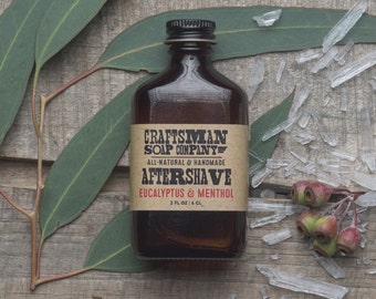 Aftershave, Eucalyptus & Menthol Scent // Two Ounce Flask Bottle // 100% All-Natural Handmade //