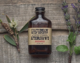 Aftershave, Brushwood Scent // Two Ounce Flask Bottle // Handmade with Natural Ingredients //