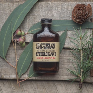Aftershave, Cedar Eucalyptus Scent // Two Ounce Flask Bottle // 100% All-Natural Handmade //