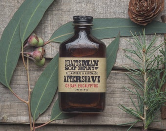 Aftershave, Cedar Eucalyptus Scent // Two Ounce Flask Bottle // 100% All-Natural Handmade //