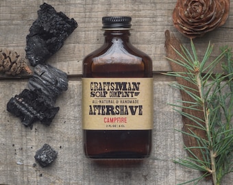 Aftershave, Campfire Scent // Two Ounce Flask Bottle // 100% All-Natural Handmade //