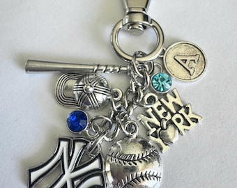 Personalized NY Baseball Purse Charm, Keyring Initial & Birthstone