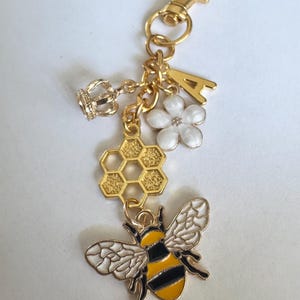 Personalized Goldtone QUEEN Bee Charm, Initial Keychain, Purse Charm
