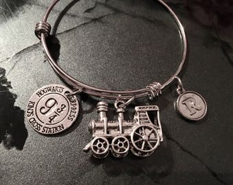 Harry Potter Inspired - Adjustable Bangle Bracelet Train (LARGE) and Initial Charm