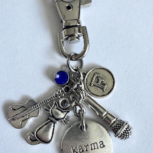 Personalized KARMA IS A CAT Taylor Swift Inspired Purse Charm, Key Ring Key Chain (Choice) with Initial Charm, Birthstone Purse Charm