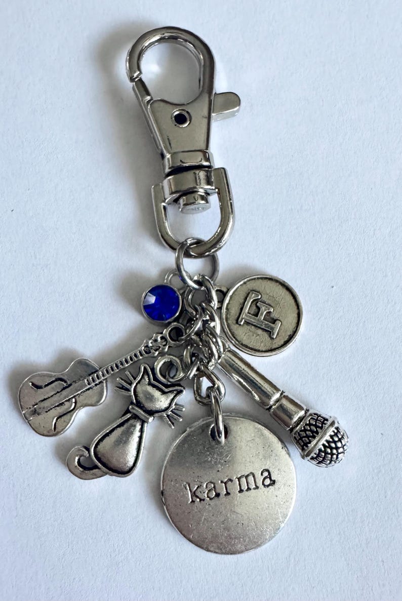 Personalized KARMA IS A CAT Taylor Swift Inspired Purse Charm, Key Ring Key Chain (Choice) with Initial Charm, Birthstone Purse Charm