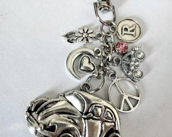 Personalized VW Beetle Car Keychain, Hippie Purse Charm, Initial, Birthstone