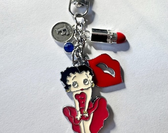 Personalized Betty Boop, Lipstick Bag Purse Charm, Initial, Birthstone