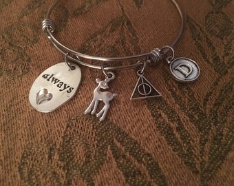 Harry Potter Inspired - Always Snape - Lily Adjustable Bangle Bracelet with Initial Charm