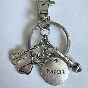 Personalized KARMA IS A CAT Taylor Swift Inspired Purse Charm, Key Ring Key Chain (Choice) with Initial Charm, Birthstone Keychain