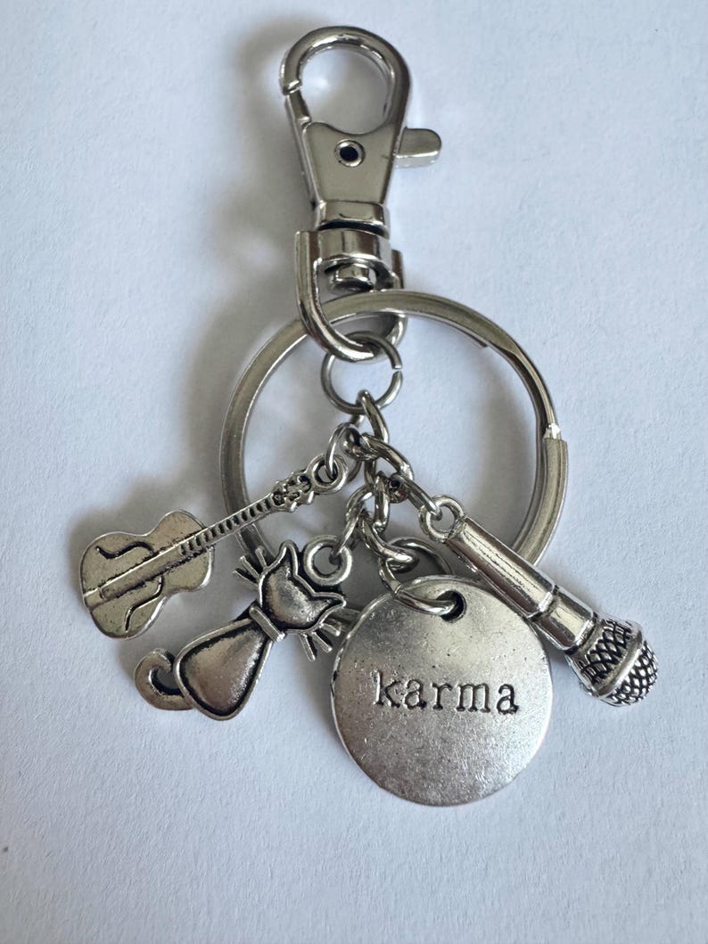 Personalized KARMA IS A CAT Taylor Swift Inspired Purse Charm, Key Ring Key Chain (Choice) with Initial Charm, Birthstone Keychain