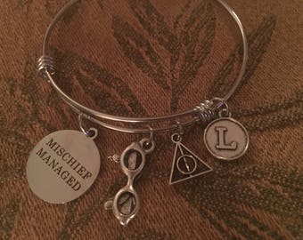 Harry Potter Inspired - Adjustable Bangle Bracelet with HP Eyeglasses, & Initial Charm
