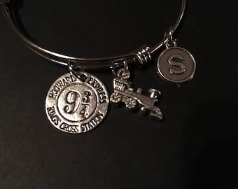 Harry Potter Inspired - Adjustable Bangle Bracelet Train (SMALL) and Initial Charm