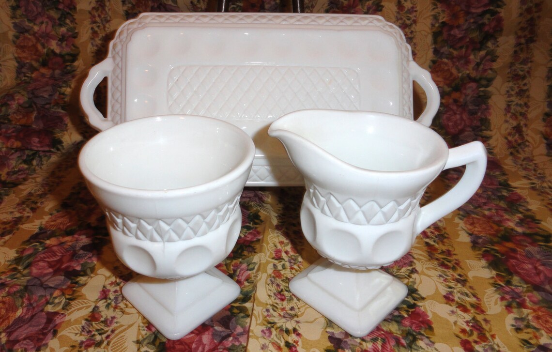 Colony White Milk Glass CREAMER and SUGAR SET W/tray Etsy