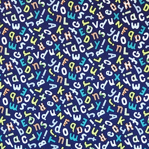 May include: A navy blue fabric with a repeating pattern of colorful letters and symbols. The letters are in various fonts and colors, including white, green, and blue. The fabric is likely cotton or a similar material.