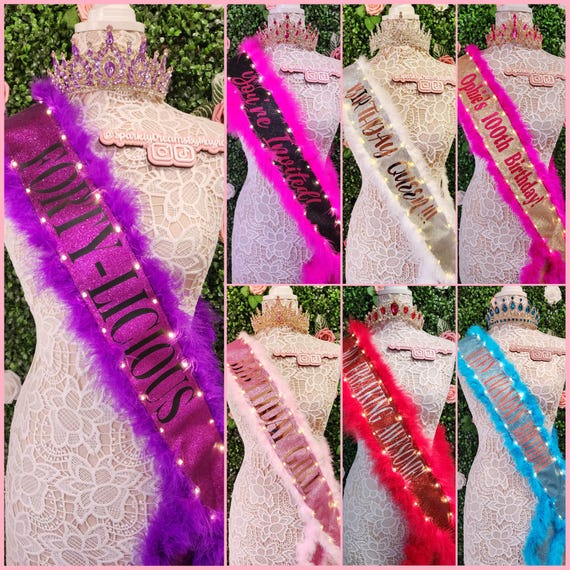 Custom Glitter Light-up Sash With Feather Boa Trim 