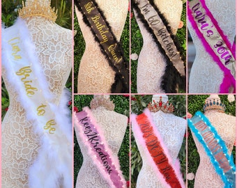 Custom Light Up Glitter Sash with Boa Trim | White |  Black | Silver | Pink |Red | Gold | Aqua Blue