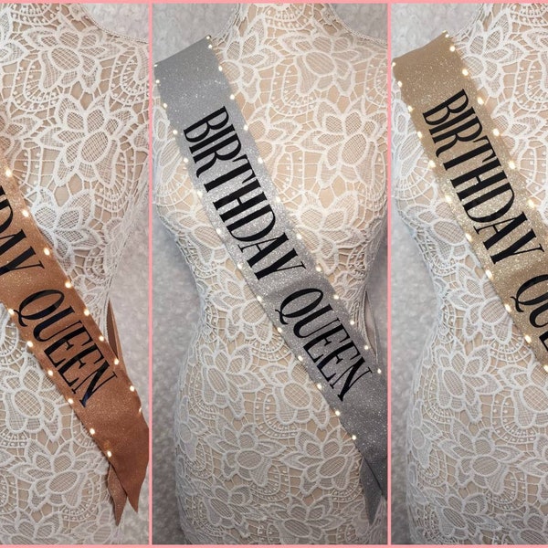 Light Up "BIRTHDAY QUEEN" Sash | Rose Gold Glitter | Champagne Glitter| Silver Glitter