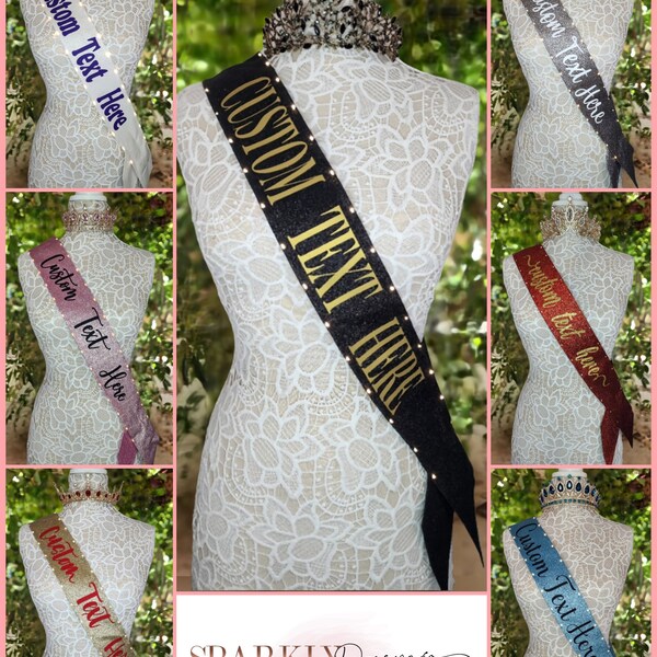 Custom Light Up Glitter Sash | White | Black | Silver | Pink |  Red | Gold | Aqua Blue