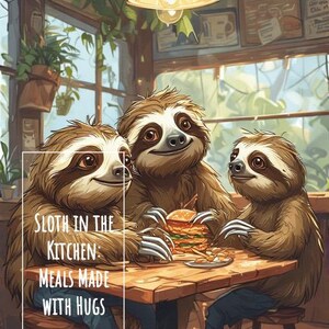 Puede incluir: Ilustración de tres perezosos reunidos alrededor de una mesa de madera, disfrutando de una comida. La imagen presenta el texto "Sloth in the Kitchen: Meals Made With Hugs." Los perezosos son marrones con caras claras, en una cocina acogedora.