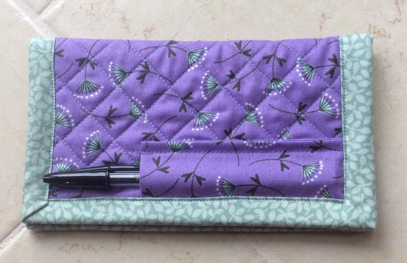 Purple Checkbook with Pen Holder Floral Checkbook Cover Handmade Fabric Checkbook Quilted Checkbook Cover Quilted Checkbook