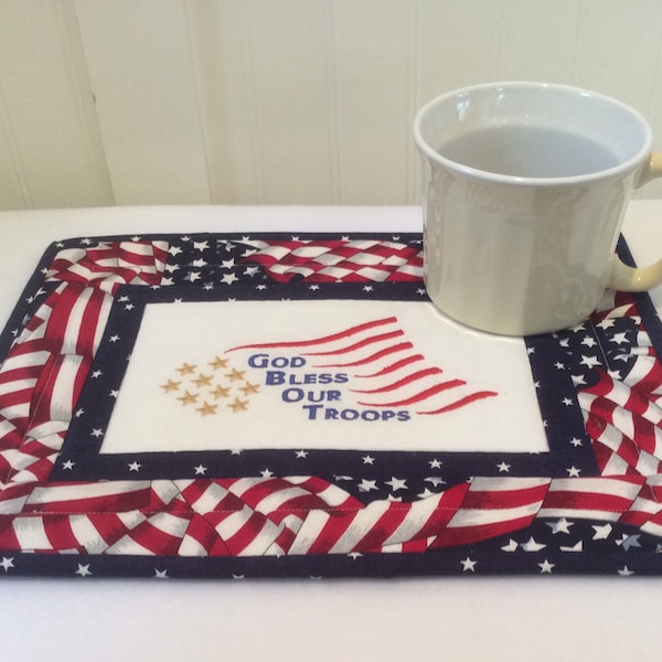 Patriotic Mug Rug, God Bless Our Troops Mug Rug, Veteran Gift, Patriotic Coaster, American Flag, Military Mug Rug,  Quilted Mug Rug, Quiltsy