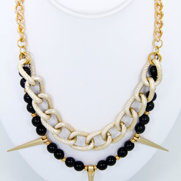 Layered Statement Necklace - Black Czech Glass Beads with Matte Gold Spikes & Textured Matte Gold Chunky Chain | Black Swan Necklace