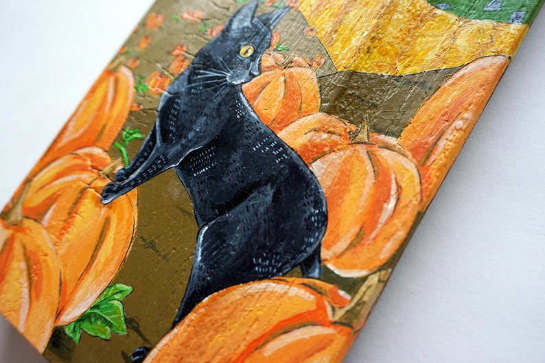 Black Cat in the Pumpkin Patch Acrylic Painting on Reclaimed Wood by Amber Maki