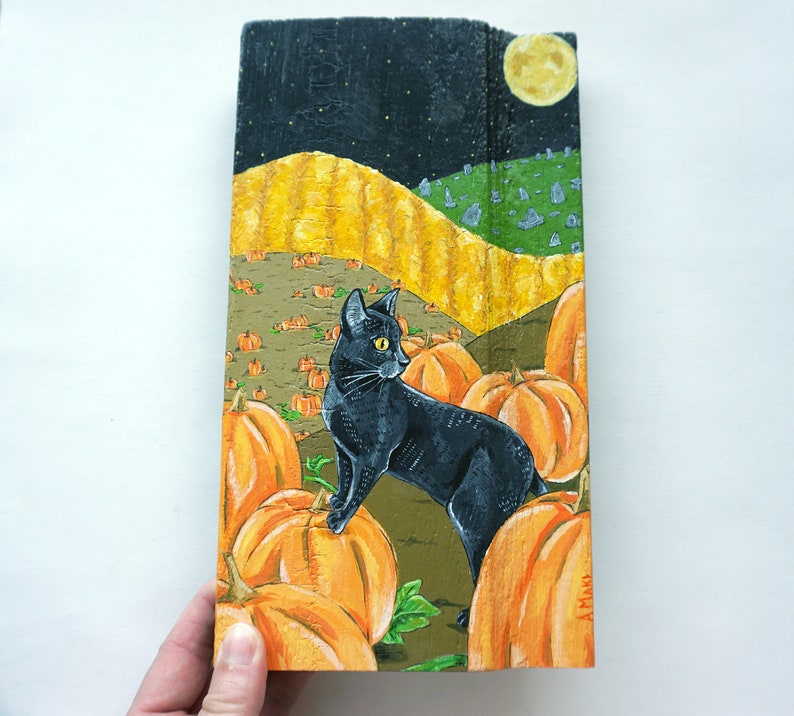 Black Cat in the Pumpkin Patch Acrylic Painting on Reclaimed Wood by Amber Maki