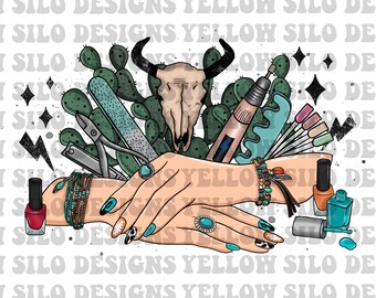 May include: A pair of hands with turquoise and white nail polish, surrounded by cactus, a cow skull, nail clippers, nail files, and nail polish bottles. The hands are wearing turquoise and brown bracelets.
