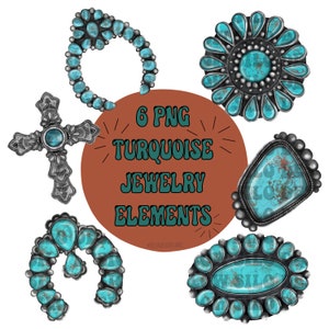6 PNG Turquoise jewelry bundle, Hand drawn, Clip Art or Sublimation Transfer 300 dpi - Transparent Background - Digital download - PNG