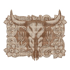 Tooled Leather PNG Cow Skull with Cactus - Hand Drawn - Sublimation Transfer 300 dpi PNG - Digital download