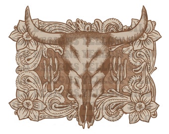 Lederen PNG koeienschedel met cactus - Handgetekend - Sublimatie Transfer 300 dpi PNG - Digitale download