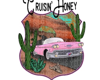 Cruisin' Honey, Pink Cadillac, Desert, Hand Drawn, Sublimation Transfer or Digital Graphic 300 dpi - Digital download PNG