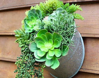 Large Vertical Artificial Succulent Wall Garden, Galvanized Metal Hanging Succulents Wall Art