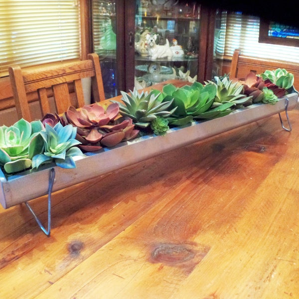 Artificial Succulents Planted in a 36 Inch Long Galvanized Metal Trough with Fold Down Legs, Long Low Faux Succulent Centerpiece