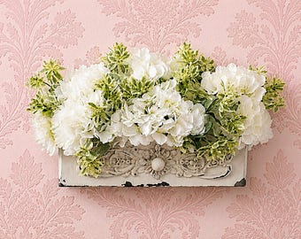 Cottage Chic White Hydrangeas and Green Snow on the Mountain in a Chippy White Drawer Planter