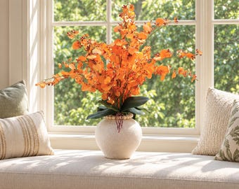 Large Orange Dancing Lady Orchids in an Artisan Ceramic Vase