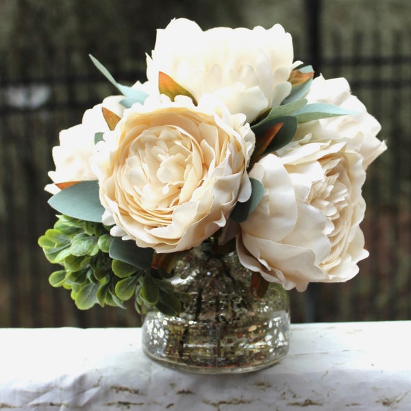 Ivory Peonies and Greenry Arranged in a Mercury Glass Vase With Rhinestones and Acrylic Water