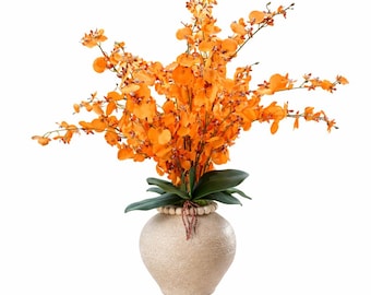 Large Orange Dancing Lady Orchids in an Artisan Ceramic Vase