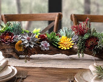 Extra Large 35 Inch Long Artificial Succulents and Faux Driftwood Log Centerpiece