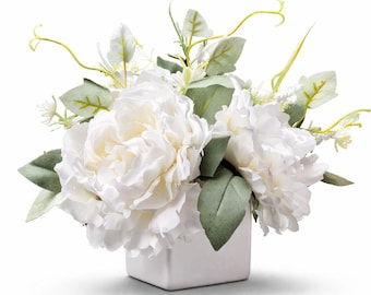 White Silk Peonies Arrangement: Cottage Chic Floral Decor